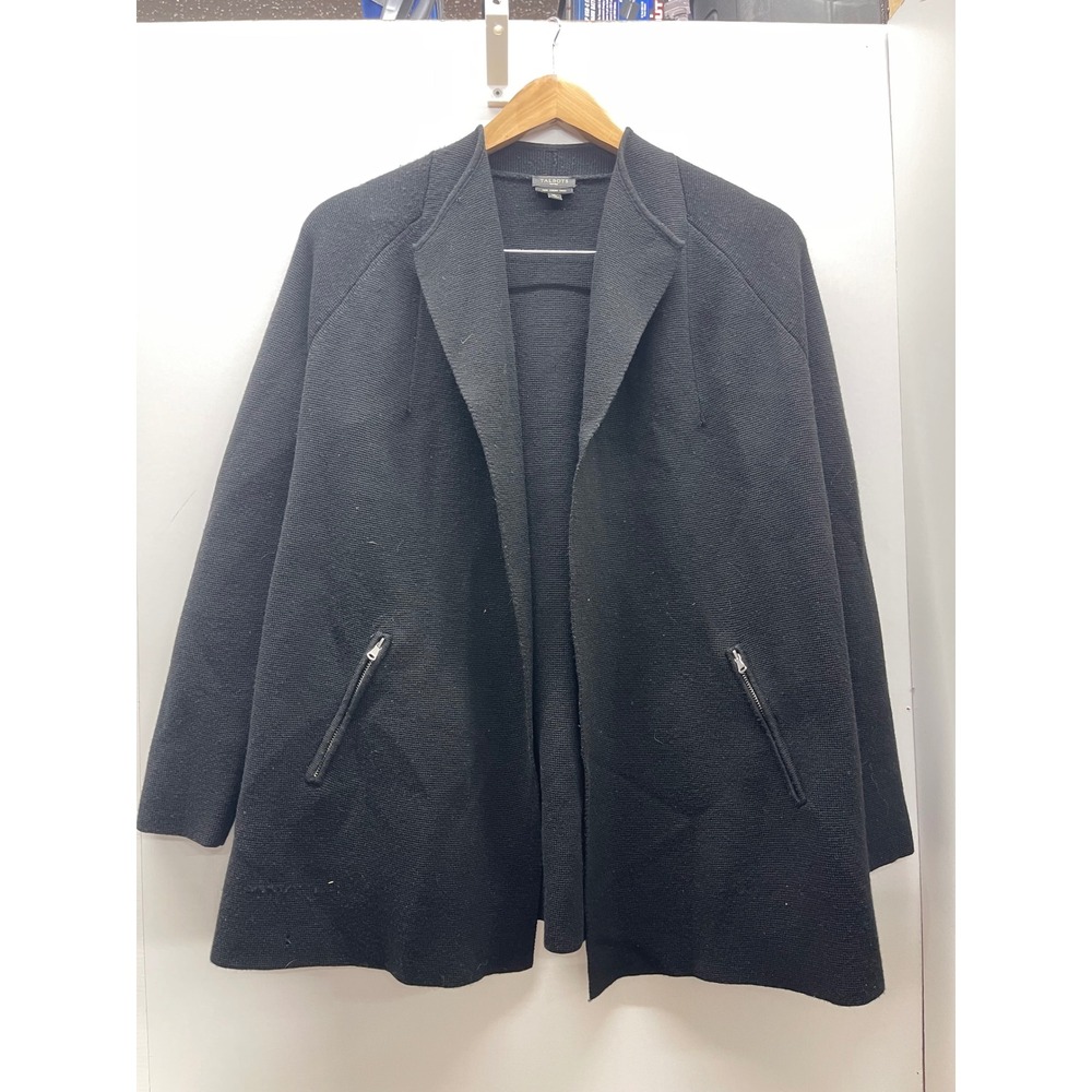 Talbots Petites Black Pure Merino Wool Open Front Cardigan Jacket MP Zipper